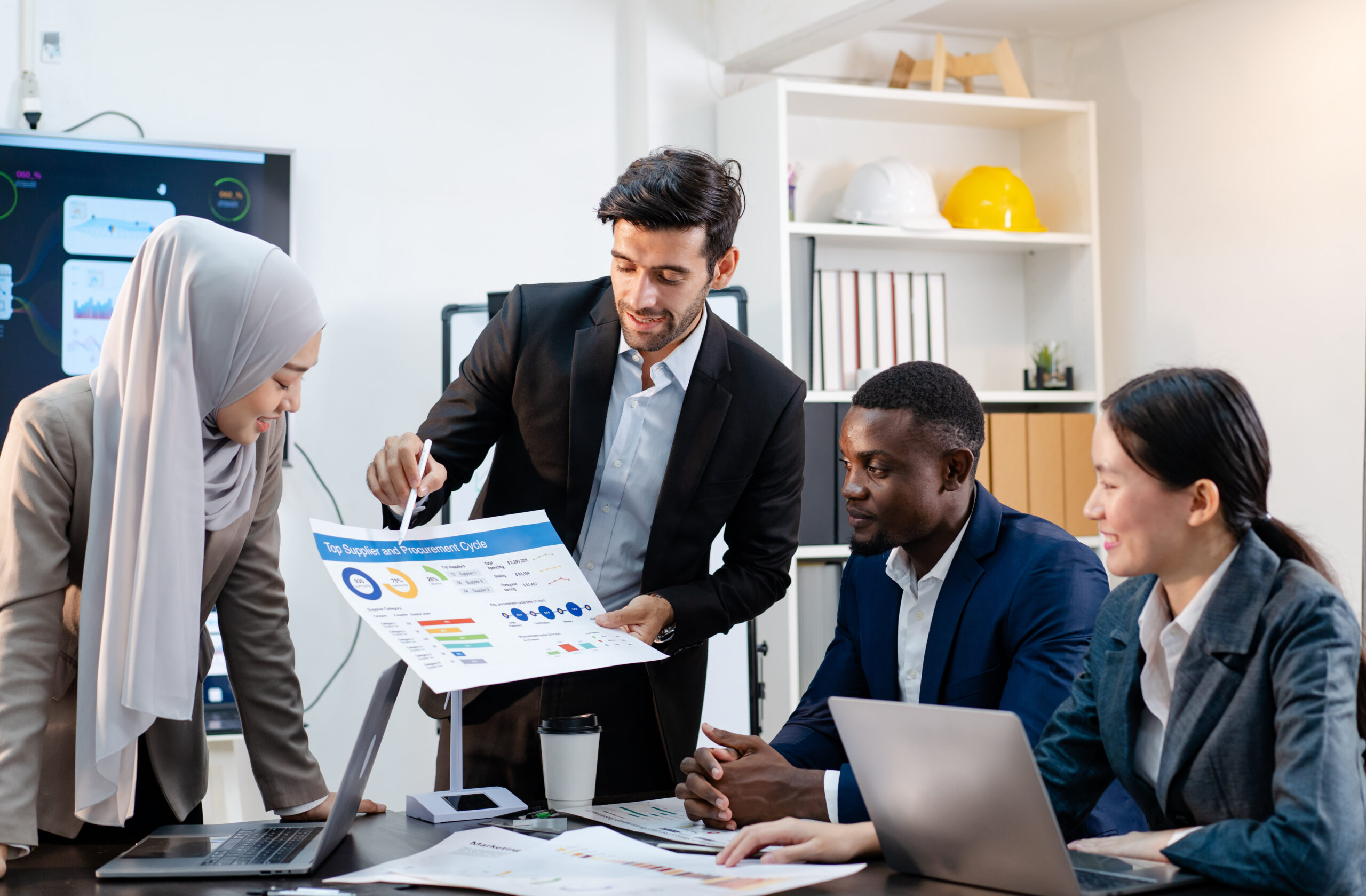 businessman colleague discuss explain budget performance planning, sharing idea for cost reduction, business black people man diverse employee coworker in formal suit meeting in finance office