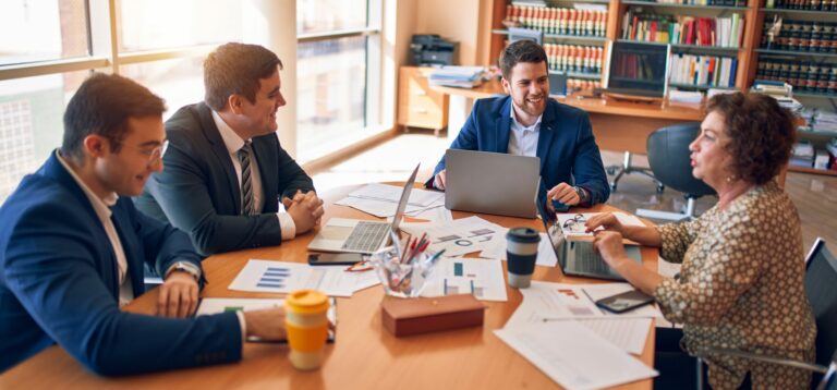 Business lawyers workers meeting at law firm office. Professional executive partners working on finance strategry at the workplace